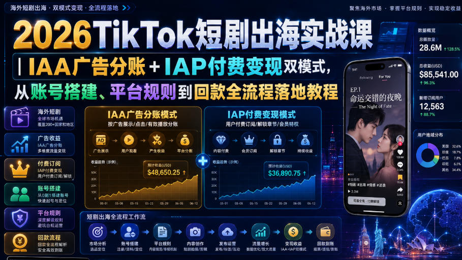 2026TikTok短剧出海实战课｜IAA广告分账+IAP付费变现双模式，从账号搭建、平台规则到回款全流程落地教程-九节课