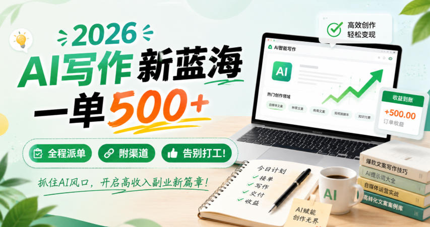 2026 AI写作新蓝海，一单500+，全程派单，附渠道，告别打工！【揭秘】-九节课