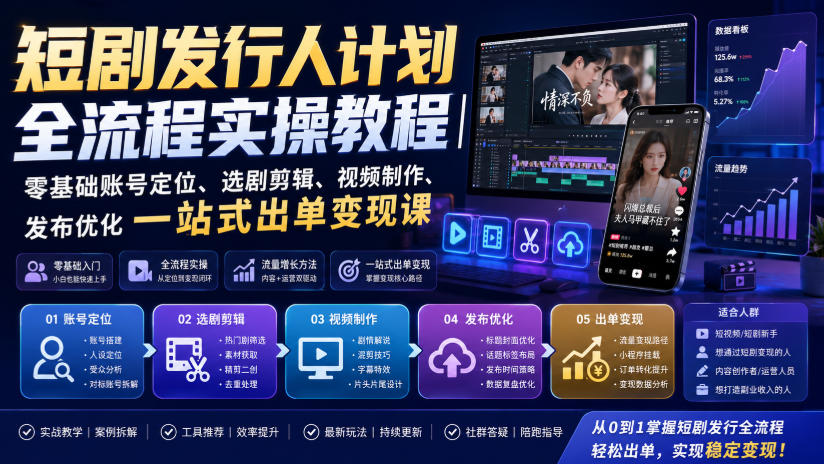 短剧发行人计划全流程实操教程｜零基础账号定位、选剧剪辑、视频制作、发布优化一站式出单变现课​-九节课