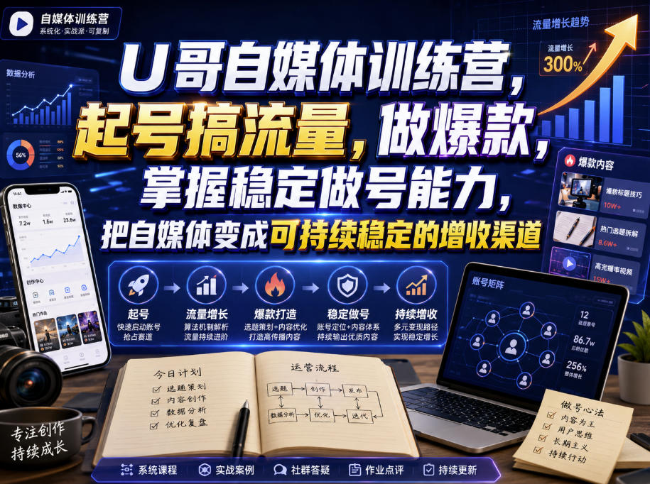 U哥自媒体训练营，起号搞流量，做爆款，掌握稳定做号能力，把自媒体变成可持续稳定的增收渠道-九节课