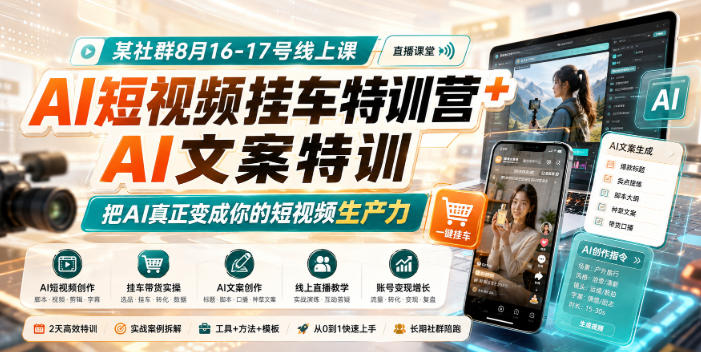 某社群8月16-17号线上课，AI短视频挂车特训营+AI文案特训，把AI真正变成你的短视频生产力-九节课