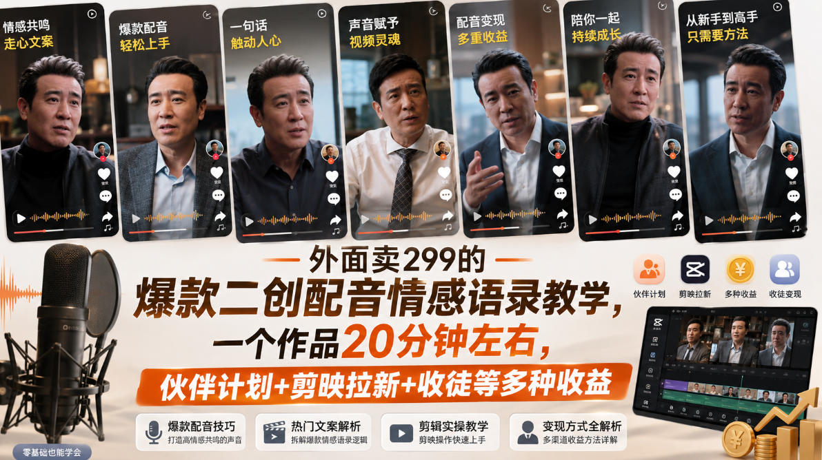 外面卖299的爆款二创配音情感语录教学，一个作品20分钟左右，伙伴计划+剪映拉新+收徒等多种收益-九节课