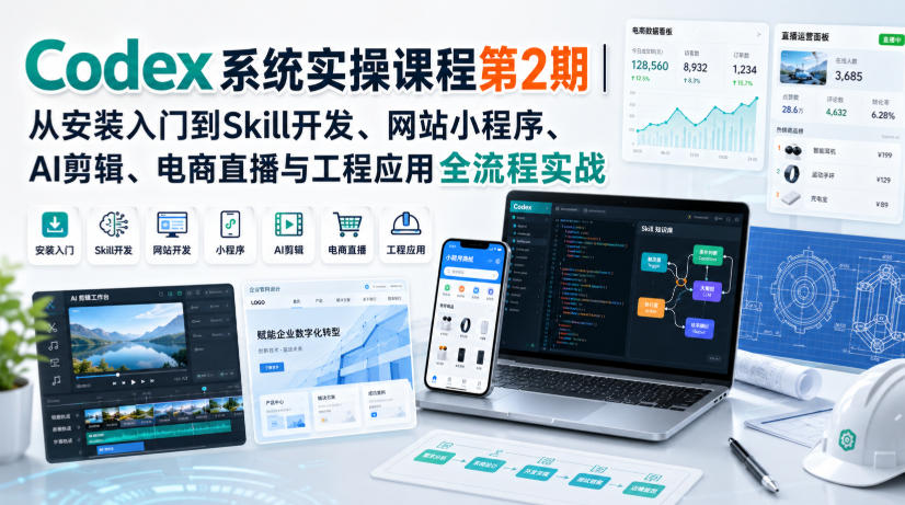 Codex系统实操课程第2期｜从安装入门到Skill开发、网站小程序、AI剪辑、电商直播与工程应用全流程实战-九节课