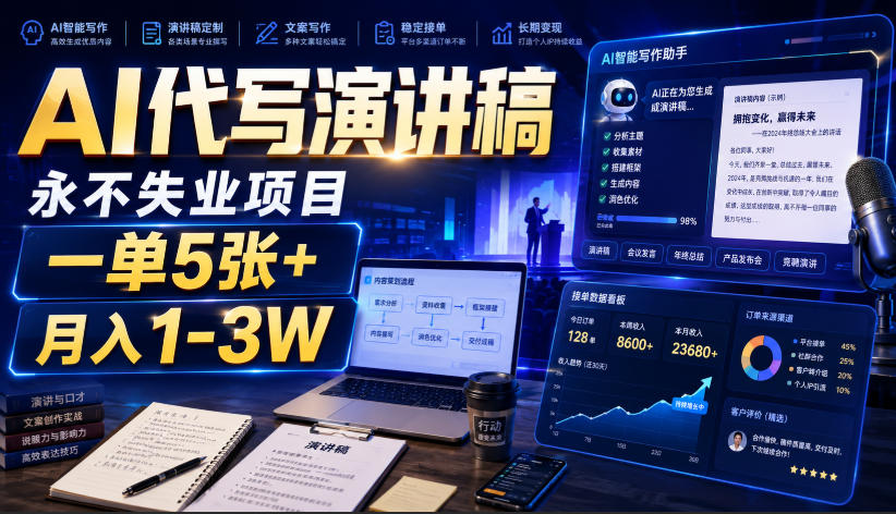 AI代写演讲稿，永不失业项目，一单5张+，月入1-3W【揭秘】-九节课