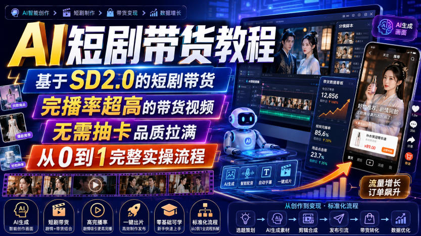 AI短剧带货教程，基于SD2.0的短剧带货，完播率超高的带货视频，无需抽卡品质拉满，从0到1完整实操流程-九节课