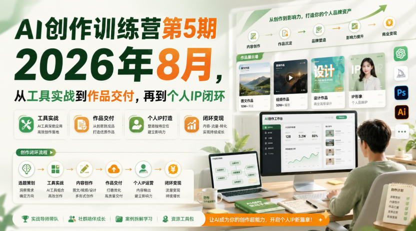 AI创作训练营第5期2026年8月，从工具实战到作品交付，再到个人IP闭环-九节课