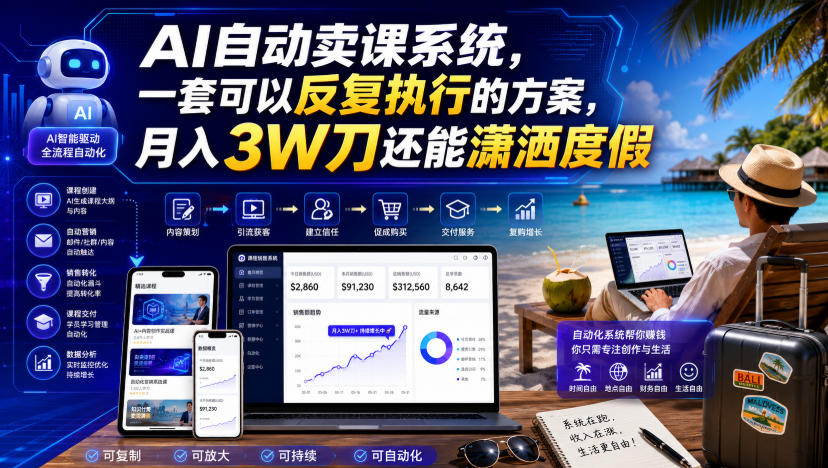 AI自动卖课系统,一套可以反复执行的方案,月入3W刀还能潇洒度假【原创双语字幕】-九节课