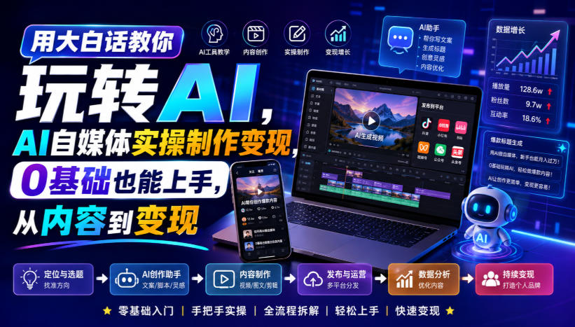 用大白话教你玩转AI，AI自媒体实操制作变现，0基础也能上手，从内容到变现-九节课