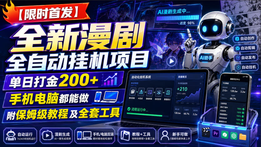 【限时首发】全新漫剧全自动挂G项目，单日打金200+，手机电脑都能做，附保姆级教程及全套工具【揭秘】-九节课