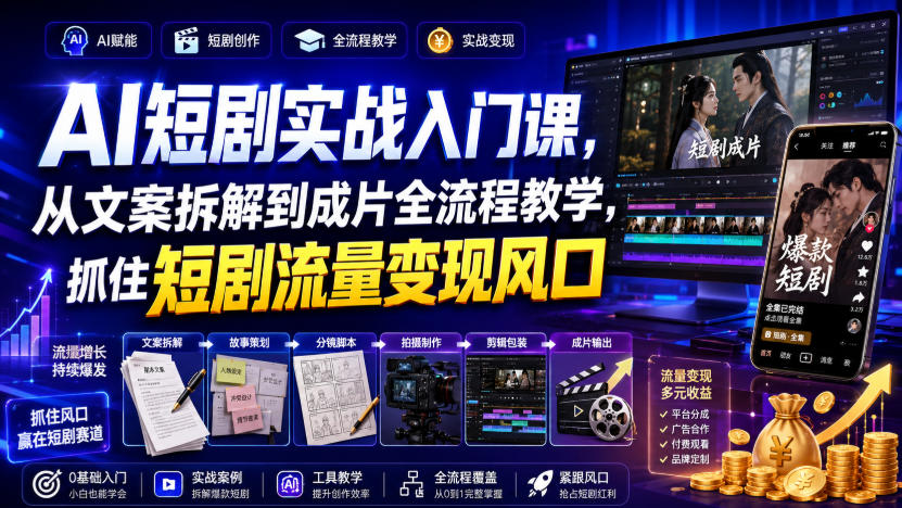 AI短剧实战入门课，从文案拆解到成片全流程教学，抓住短剧流量变现风口-九节课