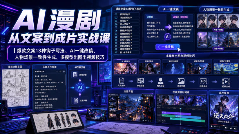 AI漫剧从文案到成片实战课｜爆款文案13种钩子写法、AI一键改稿、人物场景一致性生成、多模型出图出视频技巧-九节课