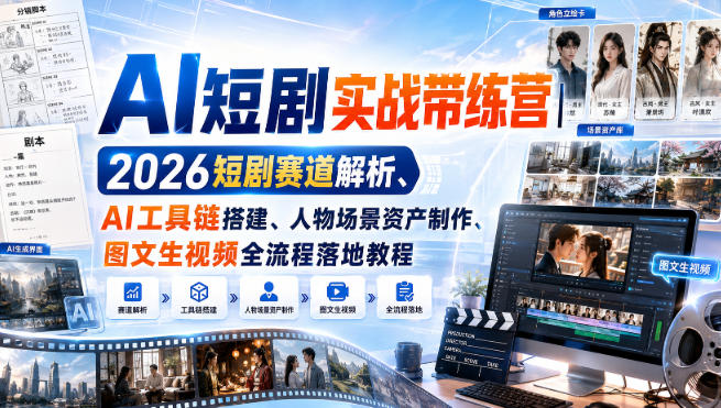 AI短剧实战带练营|2026短剧赛道解析、AI工具链搭建、人物场景资产制作、图文生视频全流程落地教程-九节课