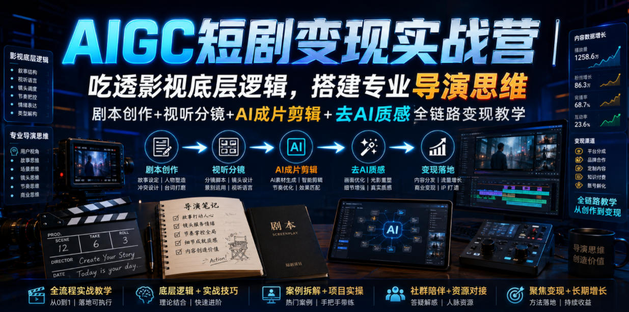 AIGC短剧变现实战营｜吃透影视底层逻辑，搭建专业导演思维，剧本创作+视听分镜+AI成片剪辑+去AI质感全链路变现教学-九节课