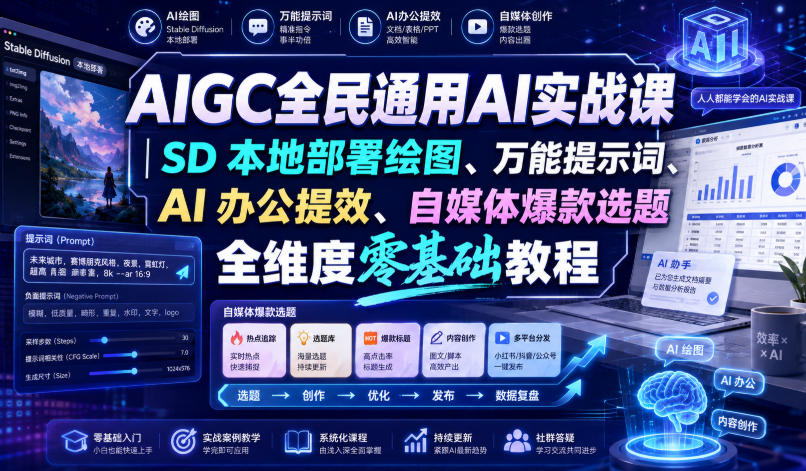 AIGC全民通用AI实战课｜SD本地部署绘图、万能提示词、AI办公提效、自媒体爆款选题全维度零基础教程-九节课