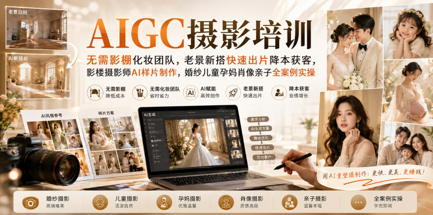 AIGC摄影培训｜无需影棚化妆团队，老景新搭快速出片降本获客，影楼摄影师AI样片制作，婚纱儿童孕妈肖像亲子全案例实操-九节课