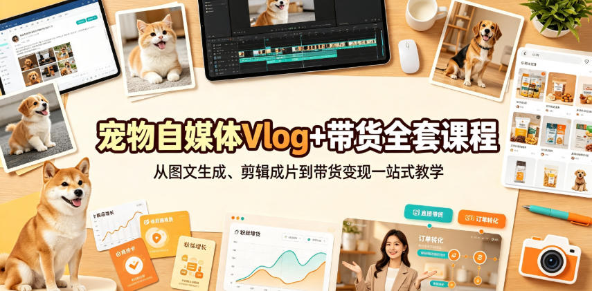 宠物自媒体Vlog+带货全套课程｜从图文生成、剪辑成片到带货变现一站式教学-九节课
