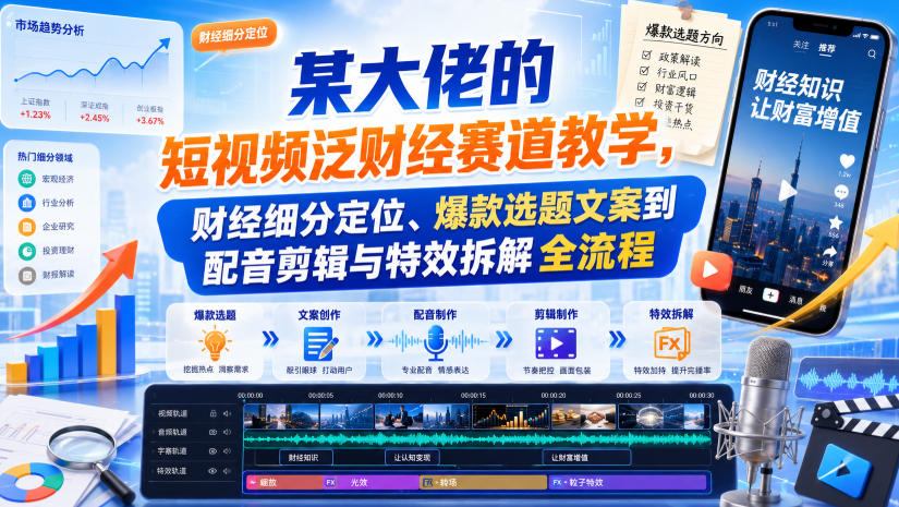 某大佬的短视频泛财经赛道教学，财经细分定位、爆款选题文案到配音剪辑与特效拆解全流程-九节课