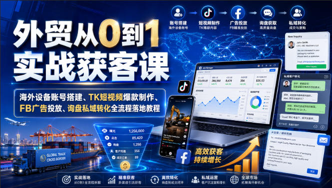 外贸从0到1实战获客课｜海外设备账号搭建、TK短视频爆款制作、FB广告投放、询盘私域转化全流程落地教程-九节课