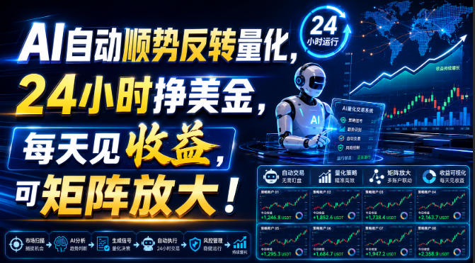 AI自动顺势反转量化，24小时挣美金，每天见收益，可矩阵放大！【揭秘】-九节课