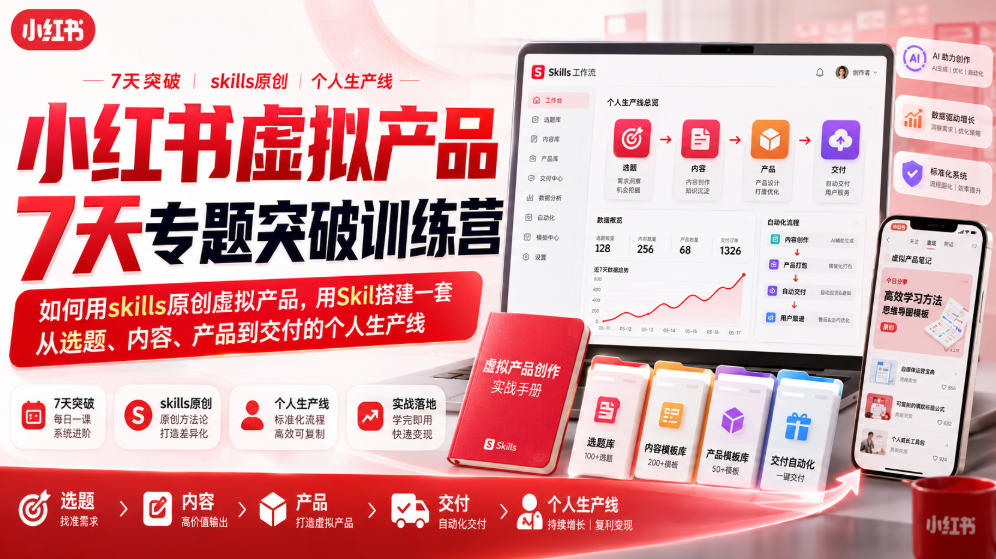 小红书虚拟产品7天专题突破训练营，如何用skills原创虚拟产品，用Skil搭建一套从选题、内容、产品到交付的个人生产线-九节课