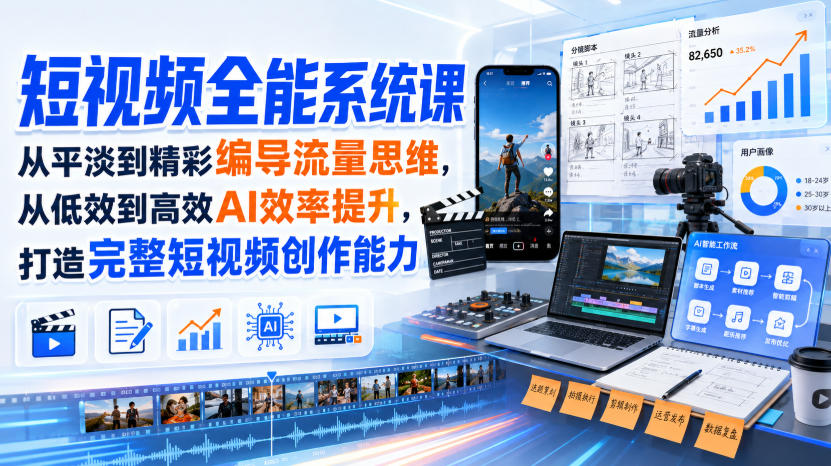 短视频全能系统课，从平淡到精彩编导流量思维，从低效到高效AI效率提升，打造完整短视频创作能力（2026年8月30更新233集）-九节课