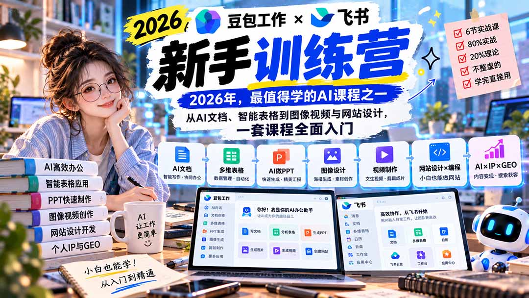 （20645期）2026豆包工作+飞书新手训练营-9月新课：从AI文档、智能表格到图像视频与网站设计，一套课程全面入门-九节课