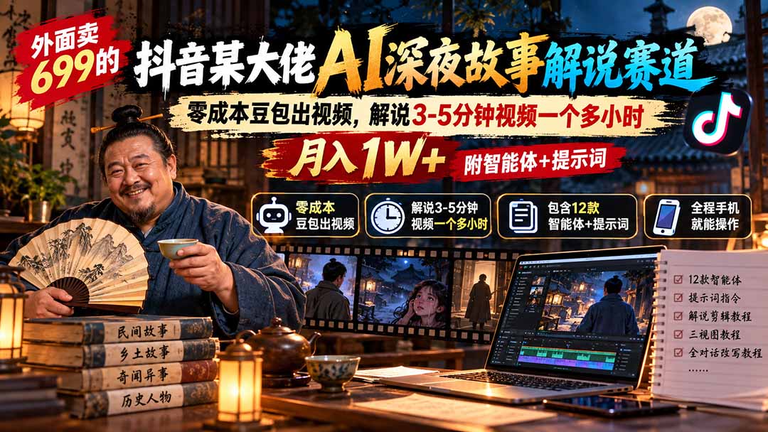 （20648期）外面卖699的抖音某大佬AI深夜故事解说赛道：零成本豆包出视频，解说3-5分钟视频一个多小时，月入1W+附智能体+提示词-九节课