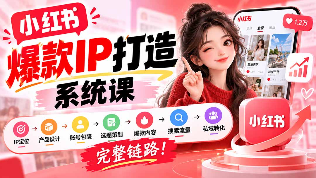 （20711期）【无水印】小红书爆款IP打造课：IP定位→产品设计→账号包装→选题策划→爆款内容→搜索流量→私域转化，完整链路-九节课