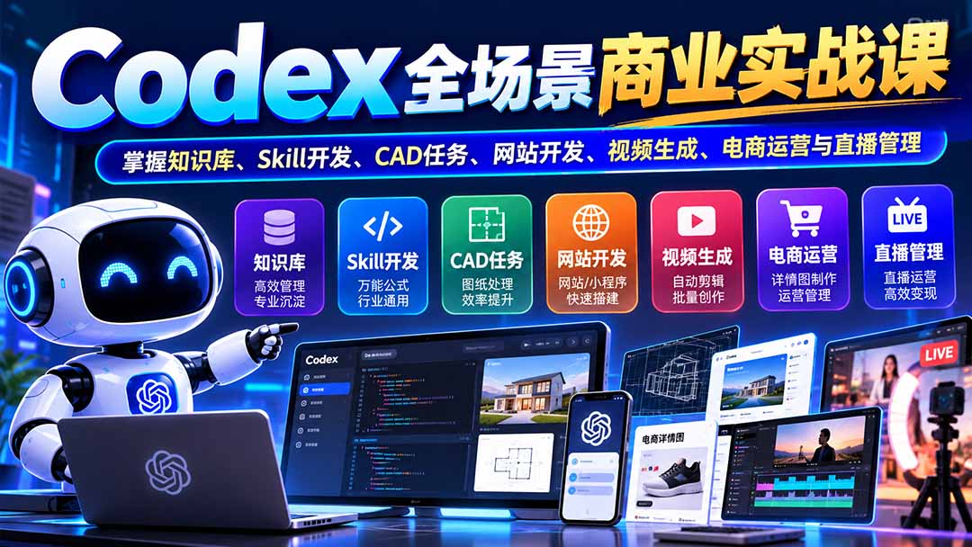（20712期）【无水印】Codex全场景商业实战课：掌握知识库、Skill开发、CAD任务、网站开发、视频生成、电商运营与直播管理-九节课