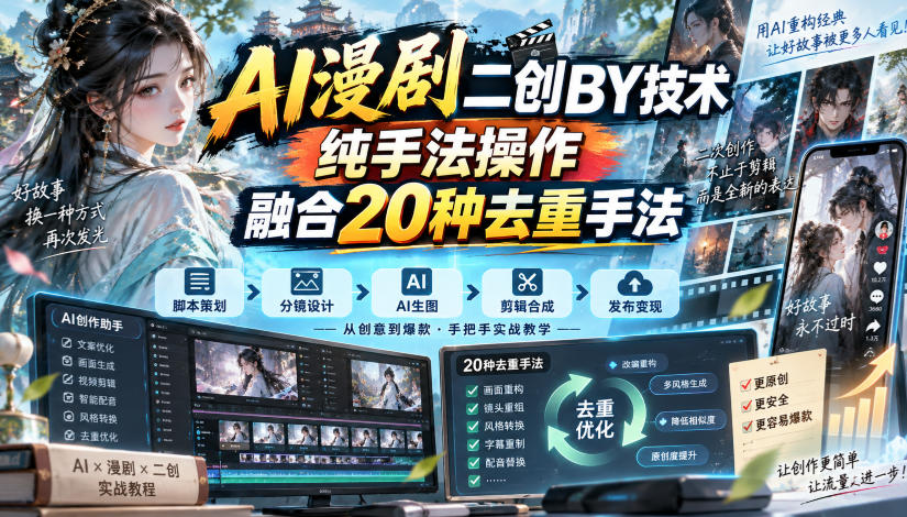 AI漫剧二创搬运技术，纯手法操作，融合20种去重手法-九节课