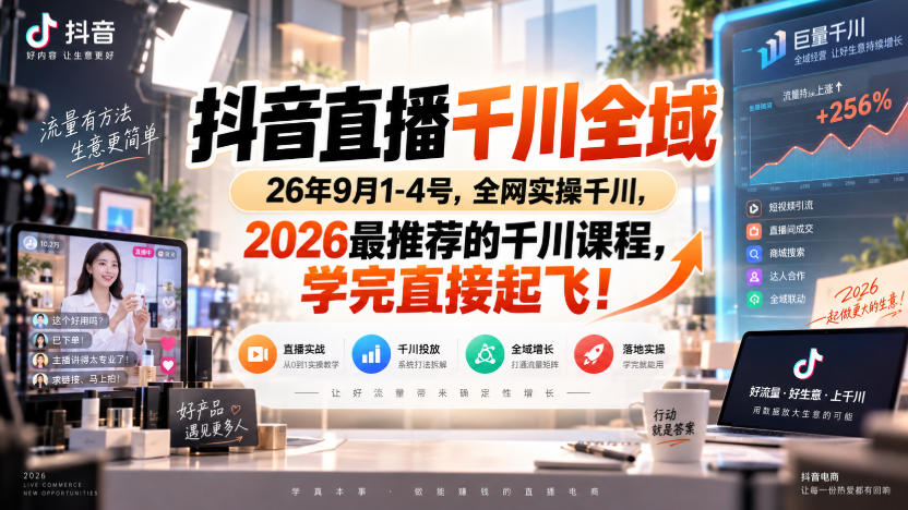 抖音直播千川全域26年9月1-4号，全网实操千川，2026最推荐的千川课程，学完直接起飞！-九节课
