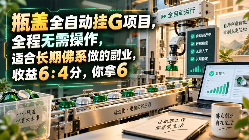 瓶盖全自动挂G项目，全程无需操作，适合长期佛系做的副业，收益6：4分，你拿6【揭秘】-九节课