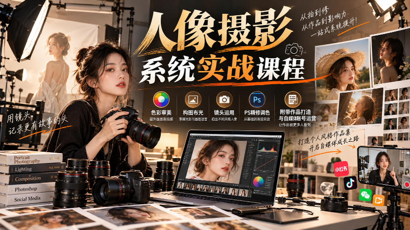 【无水印】人像摄影系统实战课程，色彩审美、构图布光、镜头运用、PS精修调色，附带作品打造与自媒体账号运营-九节课