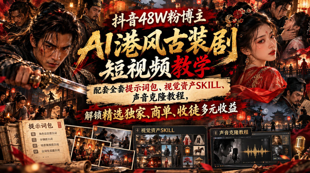 抖音48W粉博主AI港风古装剧短视频教学，配套全套提示词包、视觉资产SKILL、声音克隆教程，解锁精选独家、商单、收徒多元收益-九节课