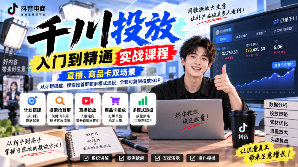 千川投放入门到精通实战课程，直播、商品卡双场景，从计划搭建、搜索抢首屏到多模式追投，全套可复制投放SOP-九节课