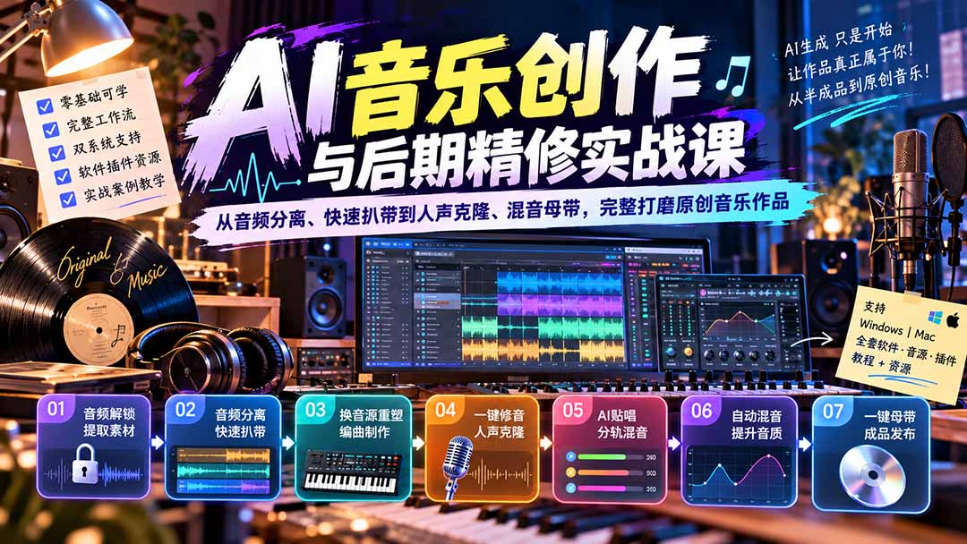 （20652期）AI音乐创作与后期精修实战课：从音频分离、快速扒带到人声克隆、混音母带，完整打磨原创音乐作品-九节课