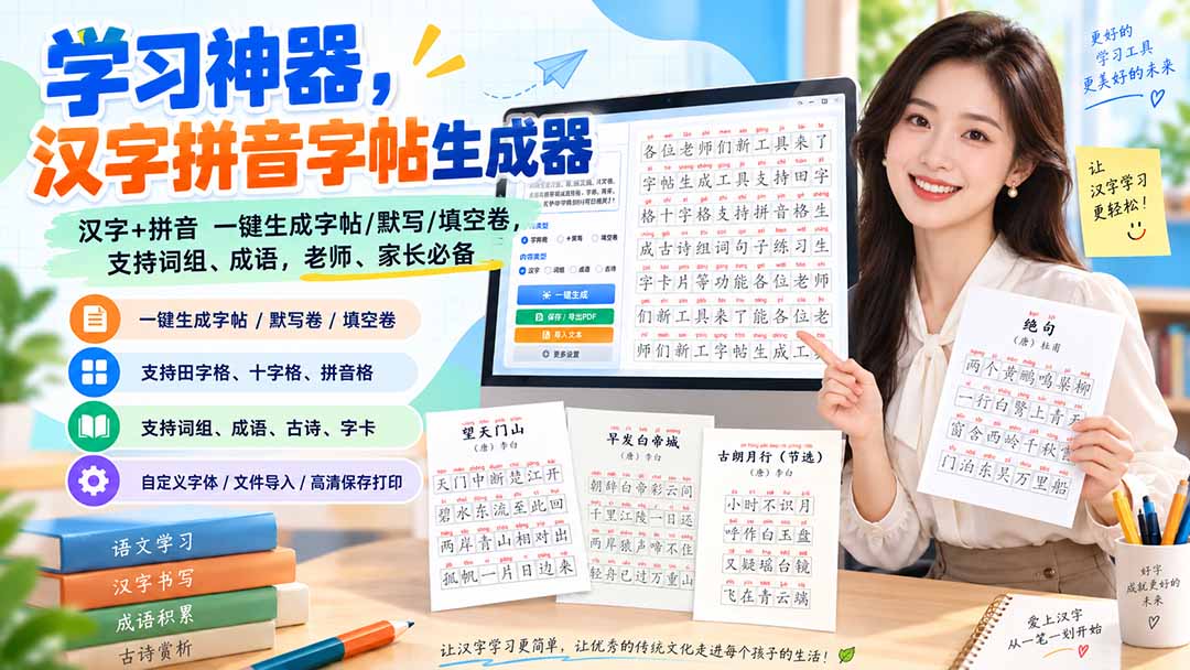 （20299期）学习神器，汉字拼音字帖生成器，汉字+拼音 一键生成字帖/默写/填空卷，支持词组、成语，老师、家长必备-九节课
