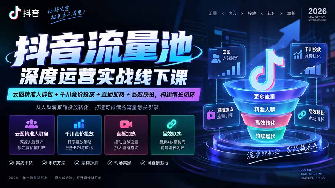 （20598期）抖音流量池深度运营实战线下课｜云图精准人群包+千川竞价投放+直播加热+品效联投，构建增长闭环-九节课