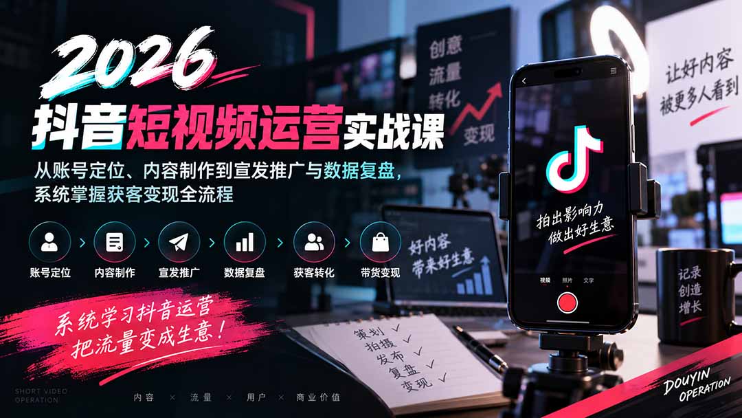 （20406期）2026抖音短视频运营实战课：从账号定位、内容制作到宣发推广与数据复盘，系统掌握获客变现全流程-九节课
