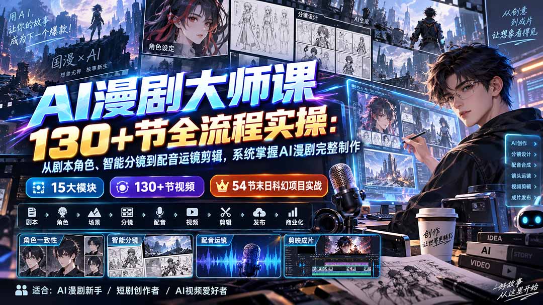 （20326期）AI漫剧大师课130+节全流程实操：从剧本角色、智能分镜到配音运镜剪辑，系统掌握AI漫剧完整制作-九节课