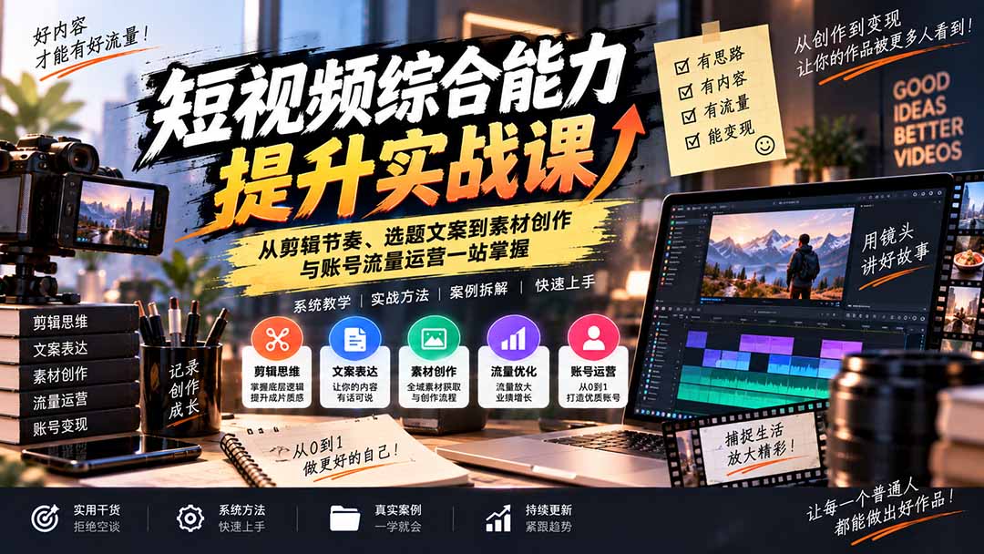 （20599期）短视频综合能力提升实战课：从剪辑节奏、选题文案到素材创作与账号流量运营一站掌握-九节课
