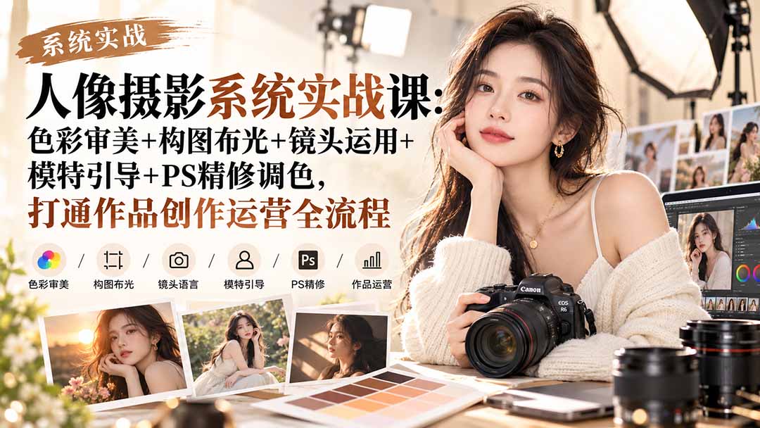 （20623期）【无水印】人像摄影系统实战课：色彩审美+构图布光+镜头运用+模特引导+PS精修调色，打通作品创作运营全流程-九节课