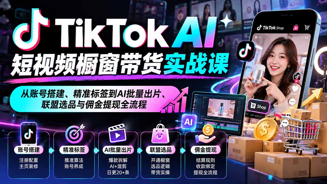 （20725期）TikTok AI短视频橱窗带货实战课：从账号搭建、精准标签到AI批量出片、联盟选品与佣金提现全流程-九节课