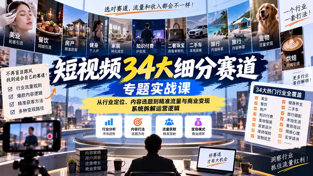 （20600期）短视频34大细分赛道专题实战课：从行业定位、内容选题到精准流量与商业变现，系统拆解运营逻辑-九节课