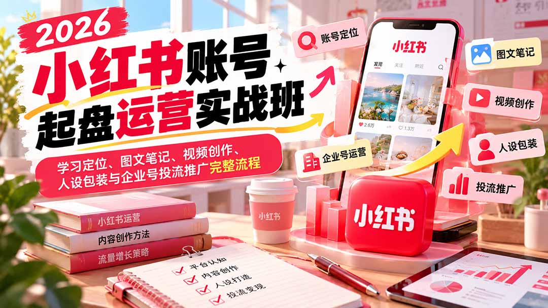 （20646期）2026小红书账号起盘运营实战班：学习定位、图文笔记、视频创作、人设包装与企业号投流推广完整流程-九节课