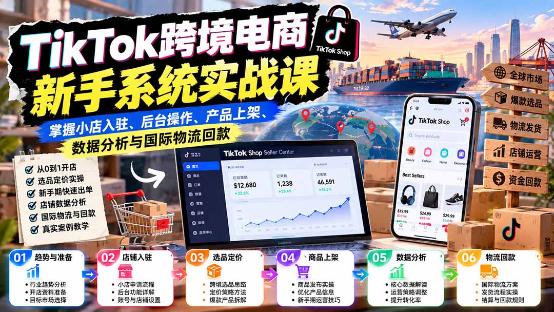 （20672期）TikTok跨境电商新手系统实战课：掌握小店入驻、后台操作、产品上架、数据分析与国际物流回款-九节课