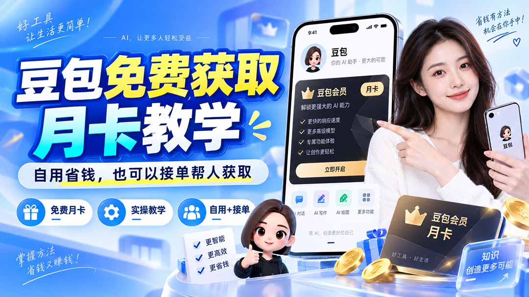 （20358期）豆包免费获取月卡教学，自用省钱，也可以接单帮人获取-九节课