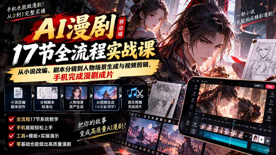 （20624期）AI漫剧移动端17节全流程实战课：从小说改编、剧本分镜到人物场景生成与视频剪辑，手机完成漫剧成片-九节课