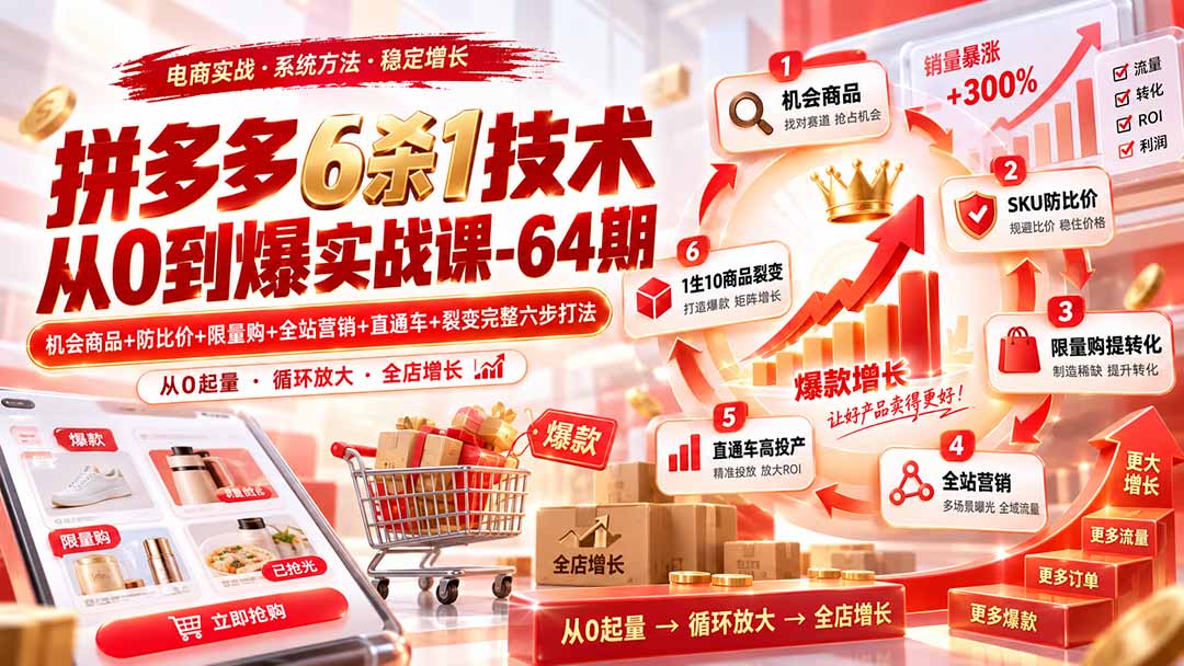（20315期）拼多多6杀1技术从0到爆实战课-64期：机会商品+防比价+限量购+全站营销+直通车+裂变完整六步打法-九节课