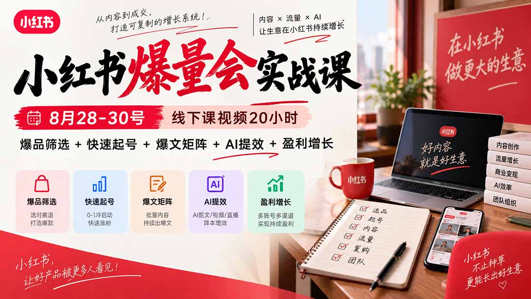 （20359期）小红书爆量会实战课：8月28-30号线下课视频20小时，爆品筛选+快速起号+爆文矩阵+AI提效+盈利增长-九节课